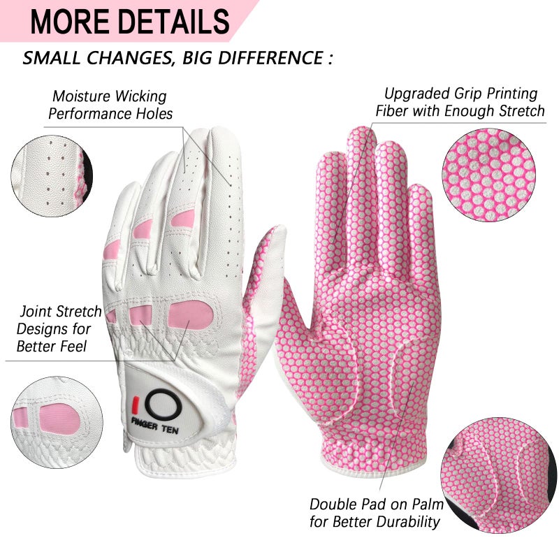 FINGER TEN Womenâ€™s Golf Gloves Ladies Left Hand Right Handed Golfer Value 6 Pack, All Weather Rain Grip Glove Pink Fit Small Medium Large XL (6 Pack Pink, Medium, Right) - Image 3